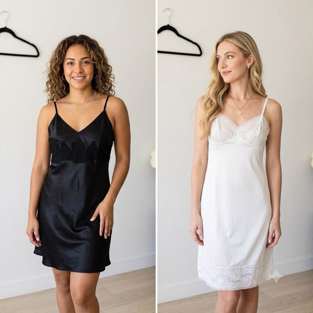 ⁠VTG 90s Slip Dress Bundle Black Satin Jones NY White Lace Adonna Slip Size M